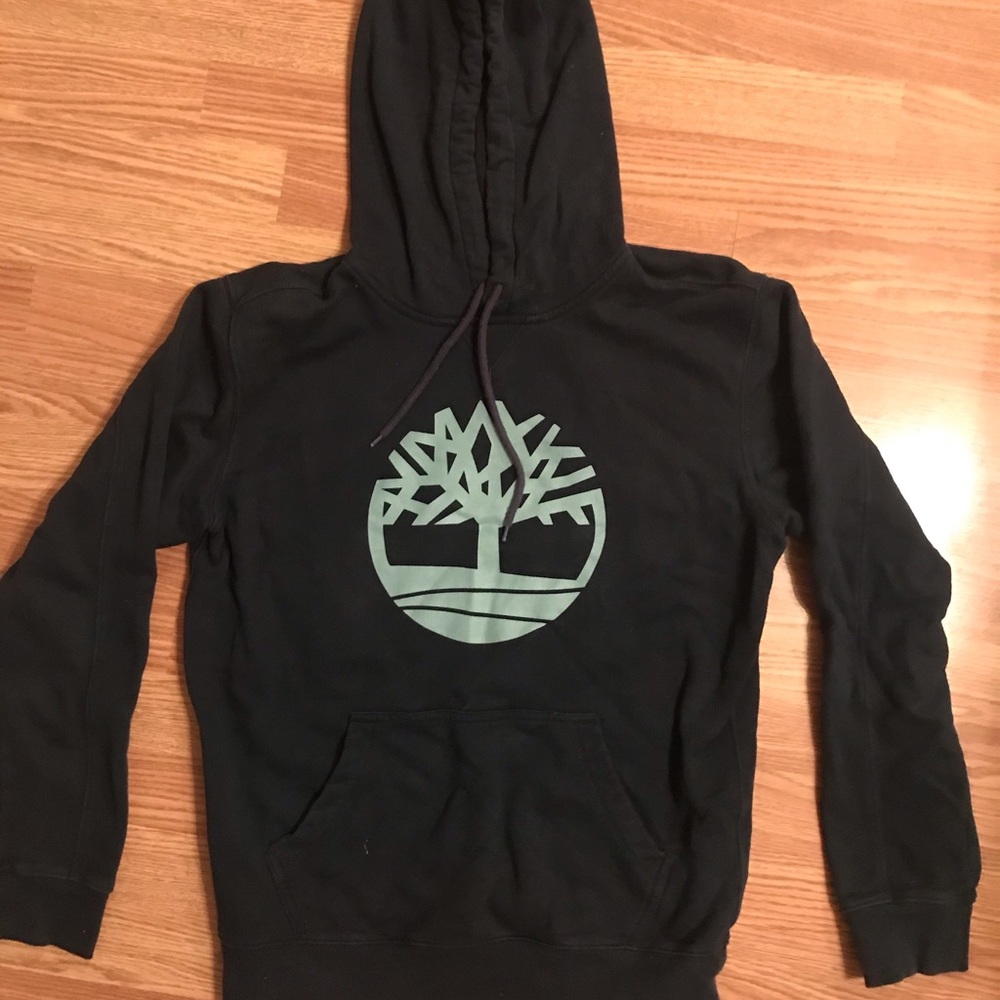 Navy Blue Timberland Hoodie with teal/grey logo